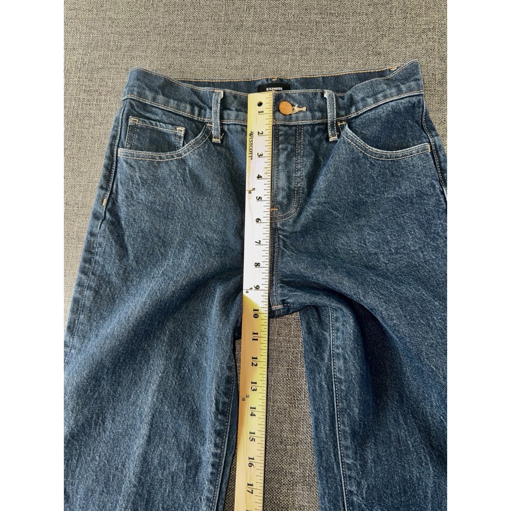 Express 70s Flare Mid Rise Jeans Women's Size 2 Short Dark Wash Wide Leg - Picture 7 of 10